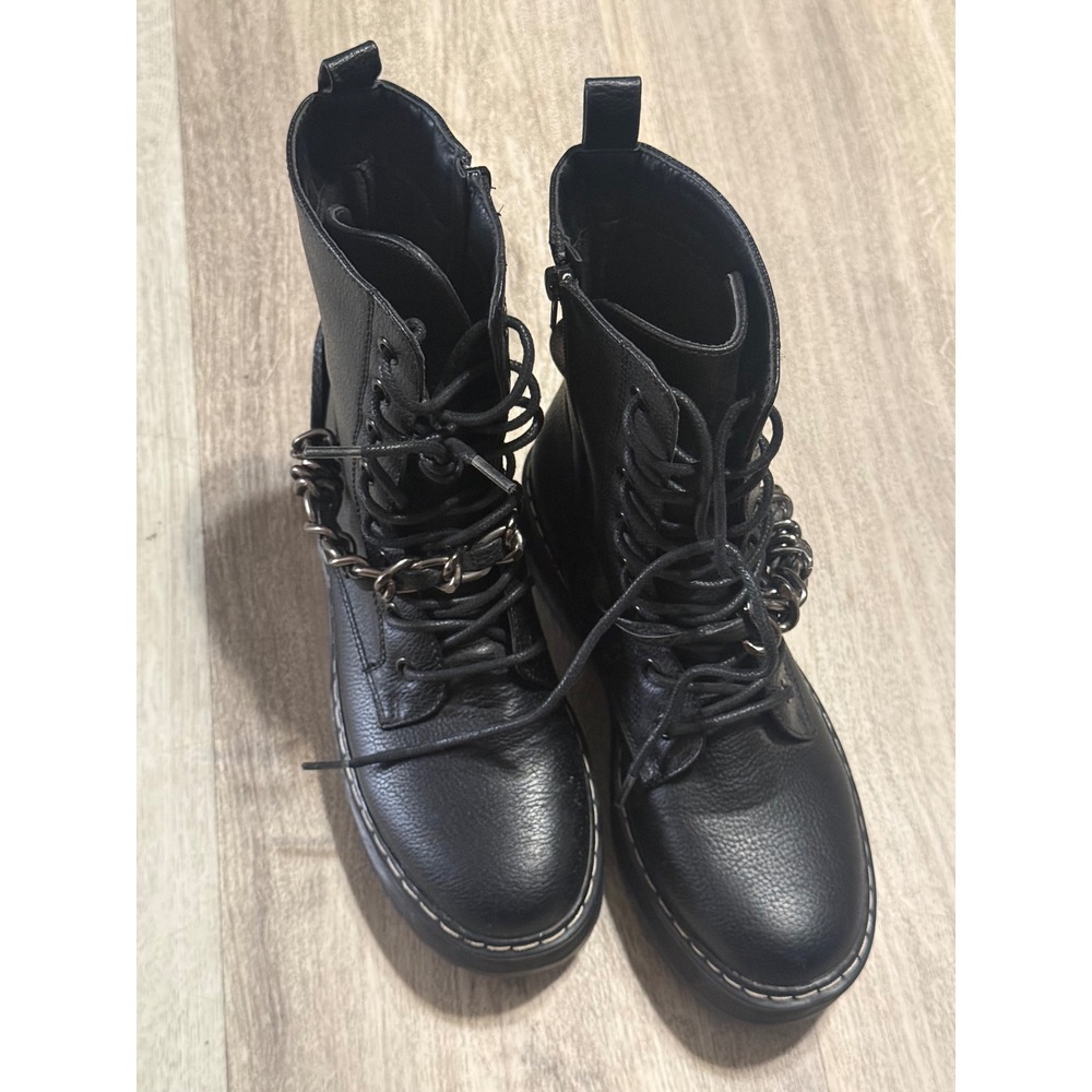 Unionbay Kimber Black Platform Combat Boots Gunmetal Chain Lace Up Womens 7M